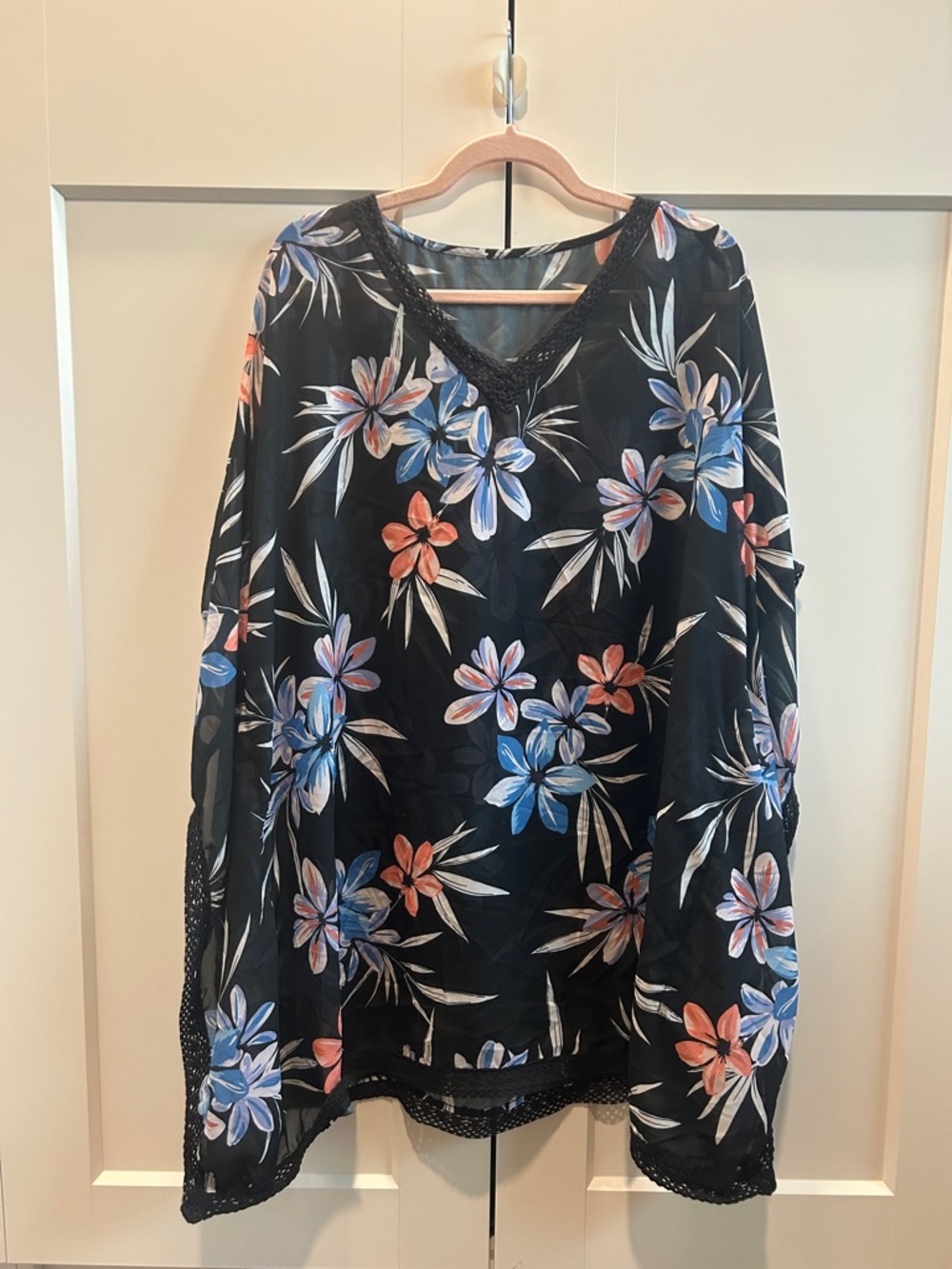 Tunic Swim Black Floral V-Neck Coverup With Blue & Coral Flowers